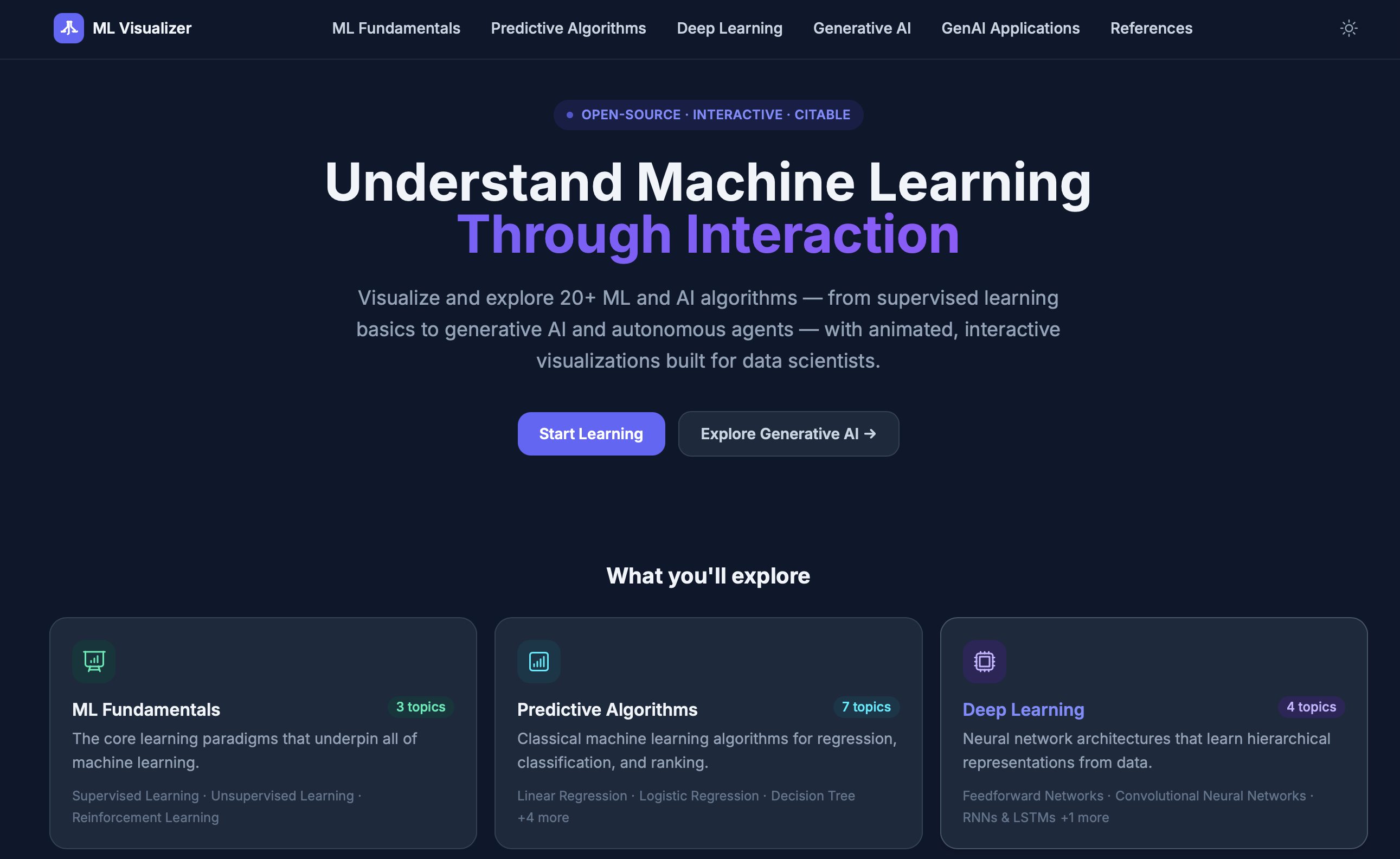 Screenshot of the ML Visualizer web app